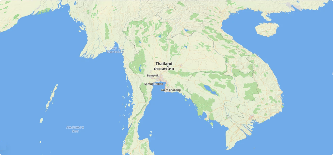 แผนที่ประเทศไทยก่อนซูมเข้าสู่กรุงเทพฯ สมุทรปราการ และแหลมฉบัง